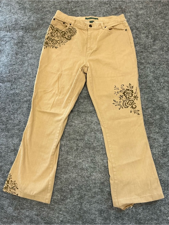 Ralph Lauren Denim - Ralph Lauren Tan Flare Jeans with Brown Floral Details Size 10